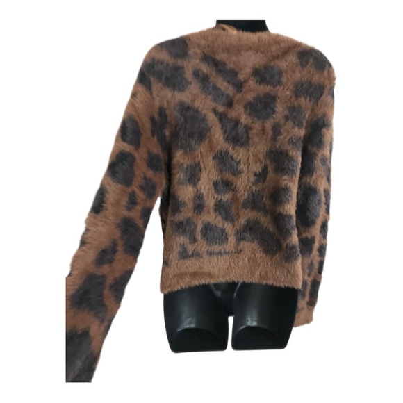 Brown black spotted fuzzy furry gold trim pearlized button cardigan sweater - Picture 11 of 11